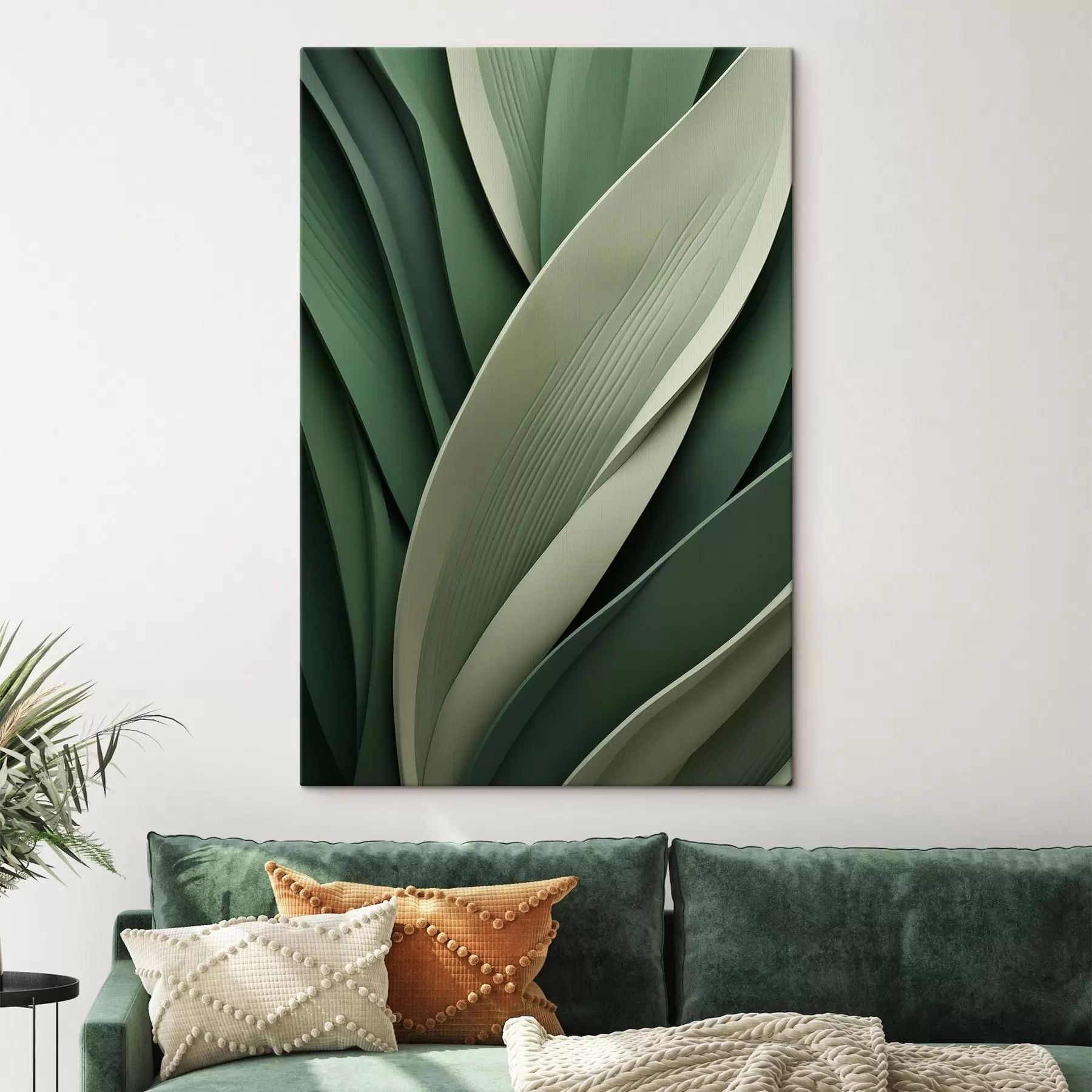 murales de pared Hojas verdes abstractas dispuestas en capas con sutiles toques en color crema s49766