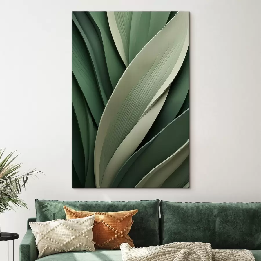 murales de pared Hojas verdes abstractas dispuestas en capas con sutiles toques en color crema s49766