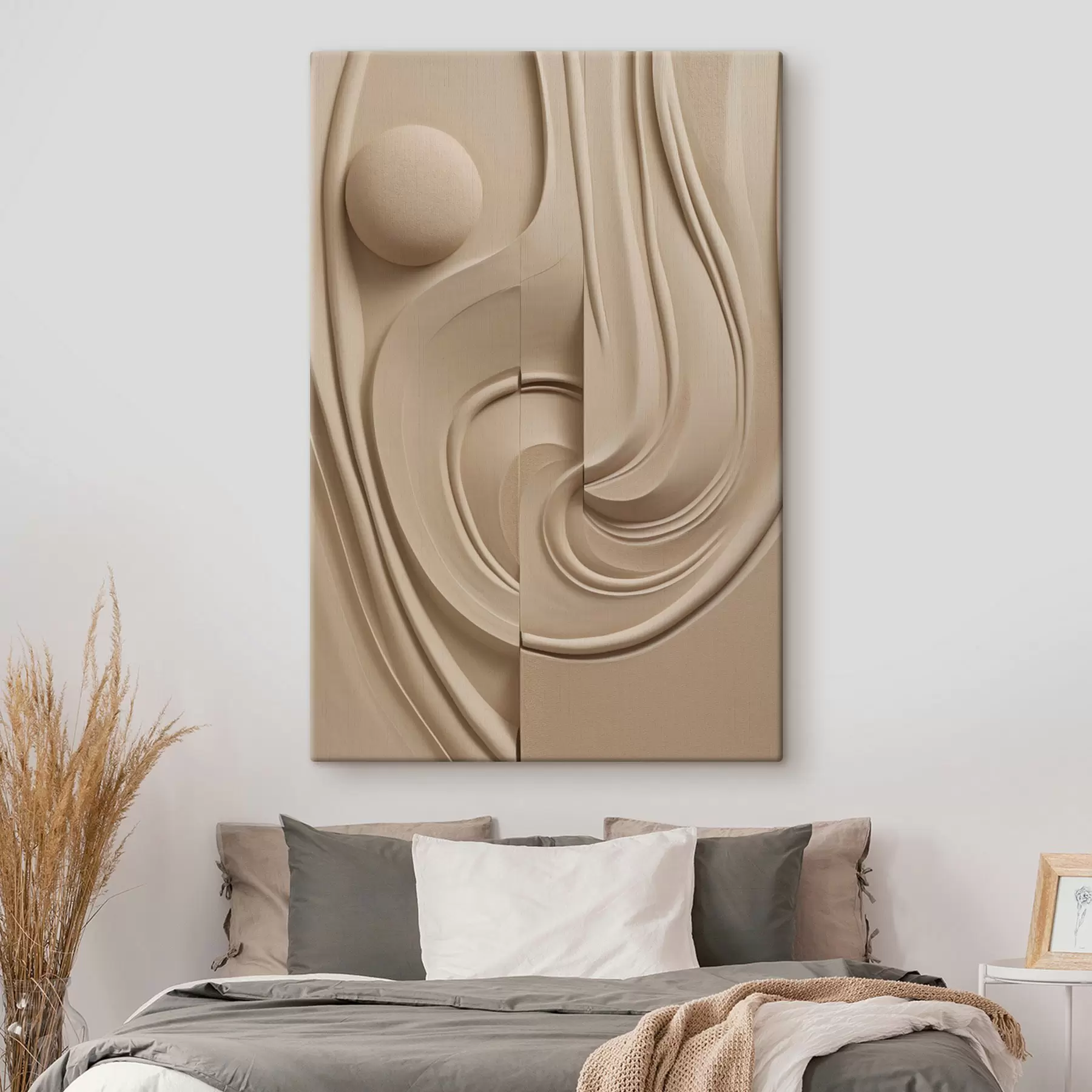 murales de pared Una obra de arte abstracta de color beige, con textura, líneas fluidas y una esfera s49775