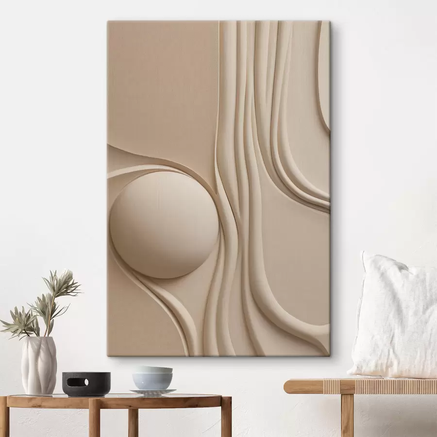 murales de pared Una obra de arte abstracta de color beige, con textura, líneas fluidas y una esfera s49776