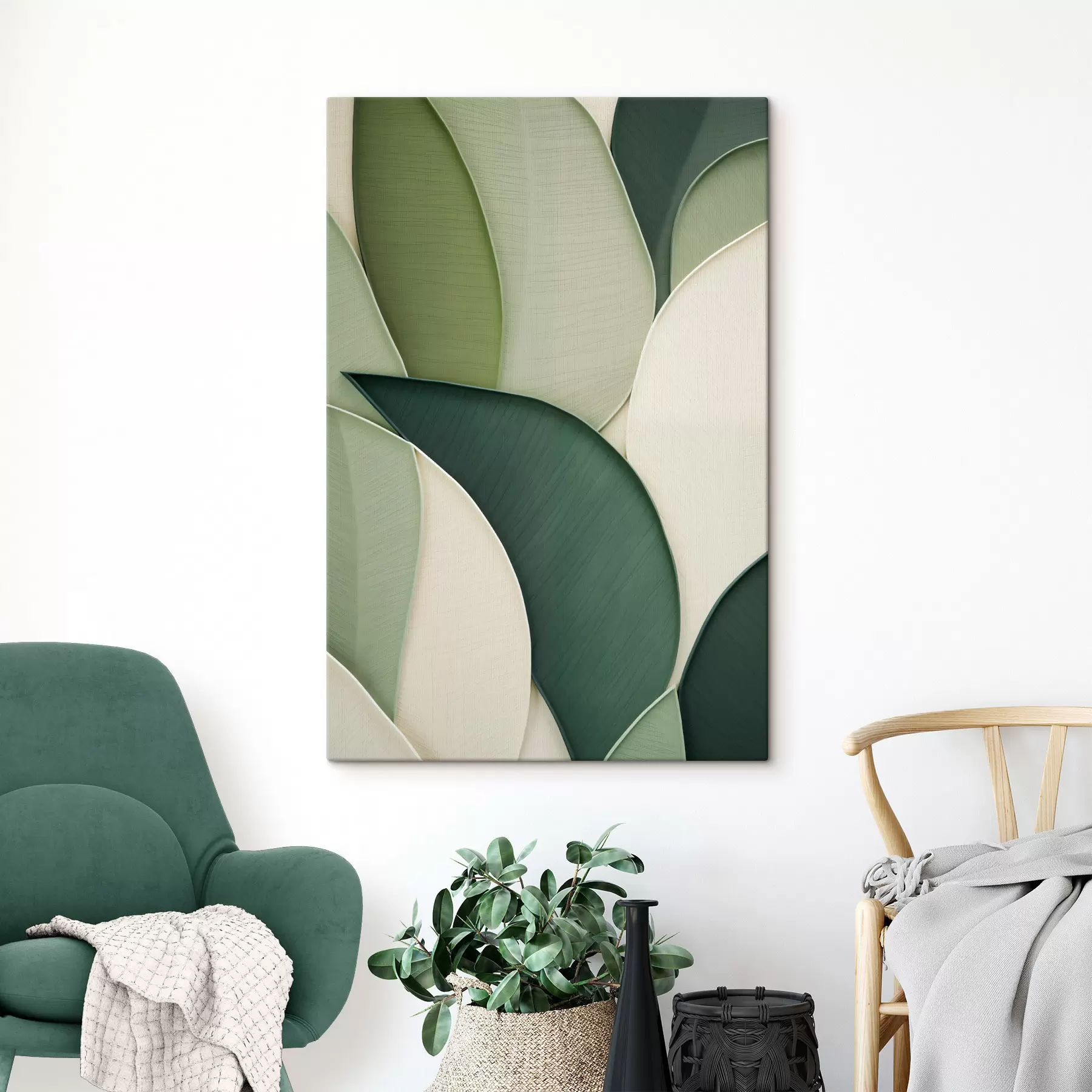 murales de pared Arte abstracto con formas orgánicas superpuestas en tonos verde y crema s49777