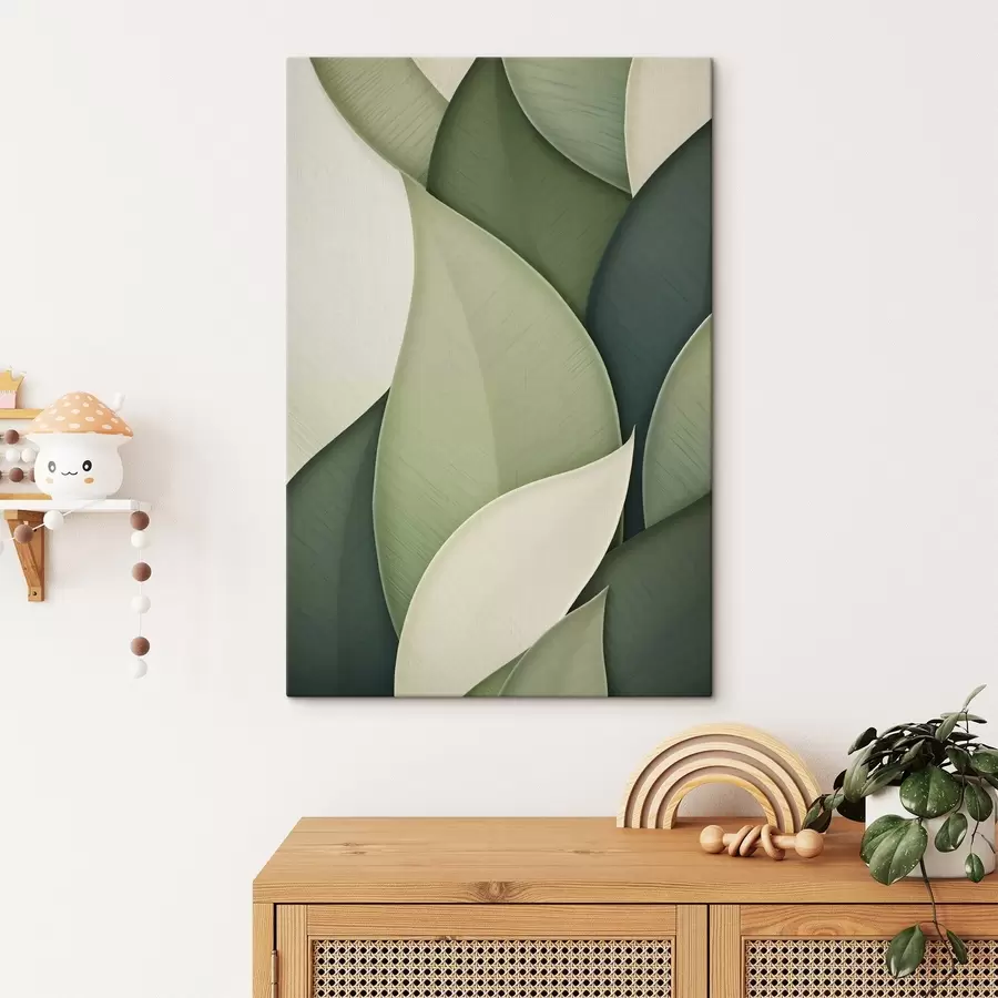 murales de pared Arte abstracto con formas orgánicas superpuestas en tonos verde y crema s49778