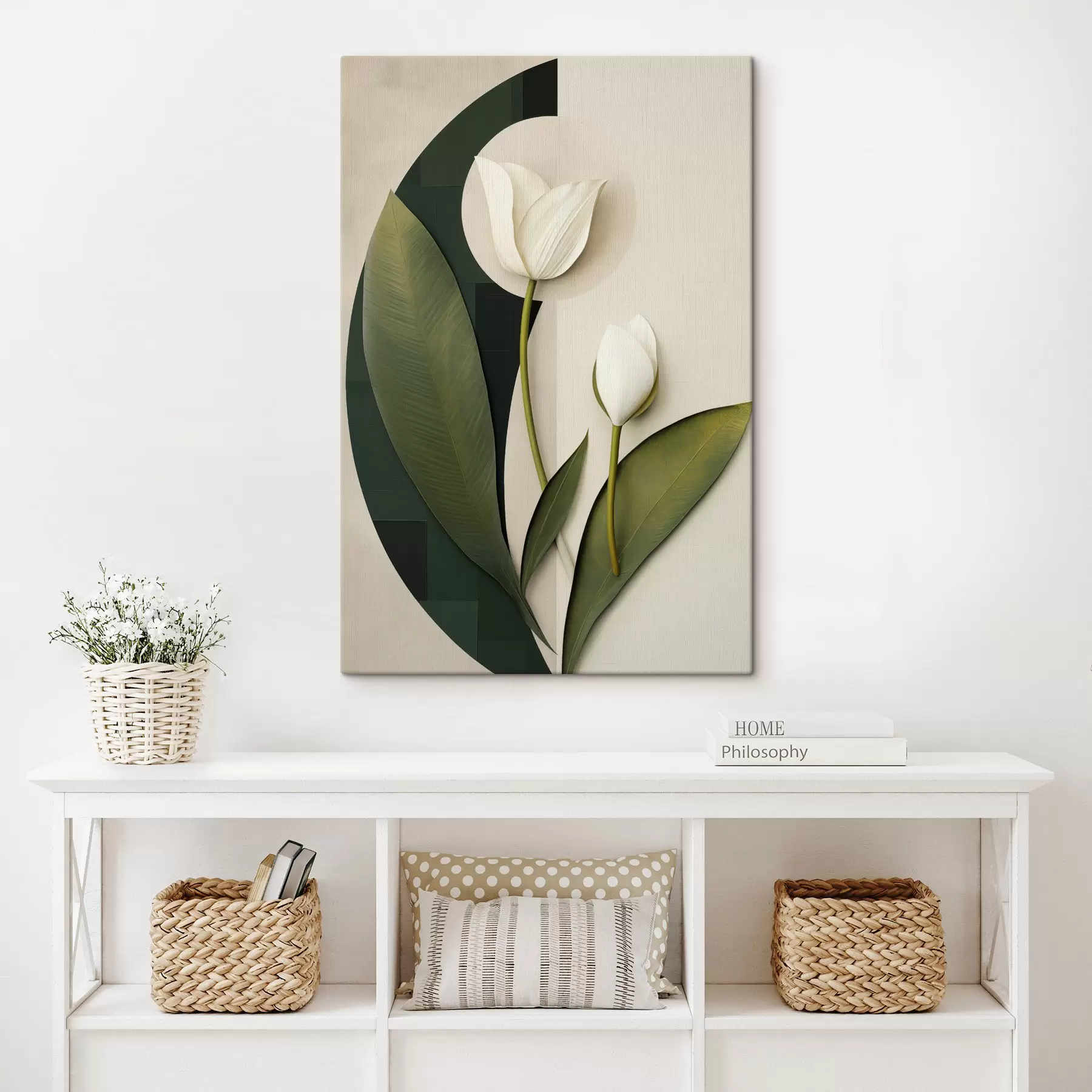 murales de pared Tulipanes blancos con hojas y tallos verdes, arte abstracto s49779