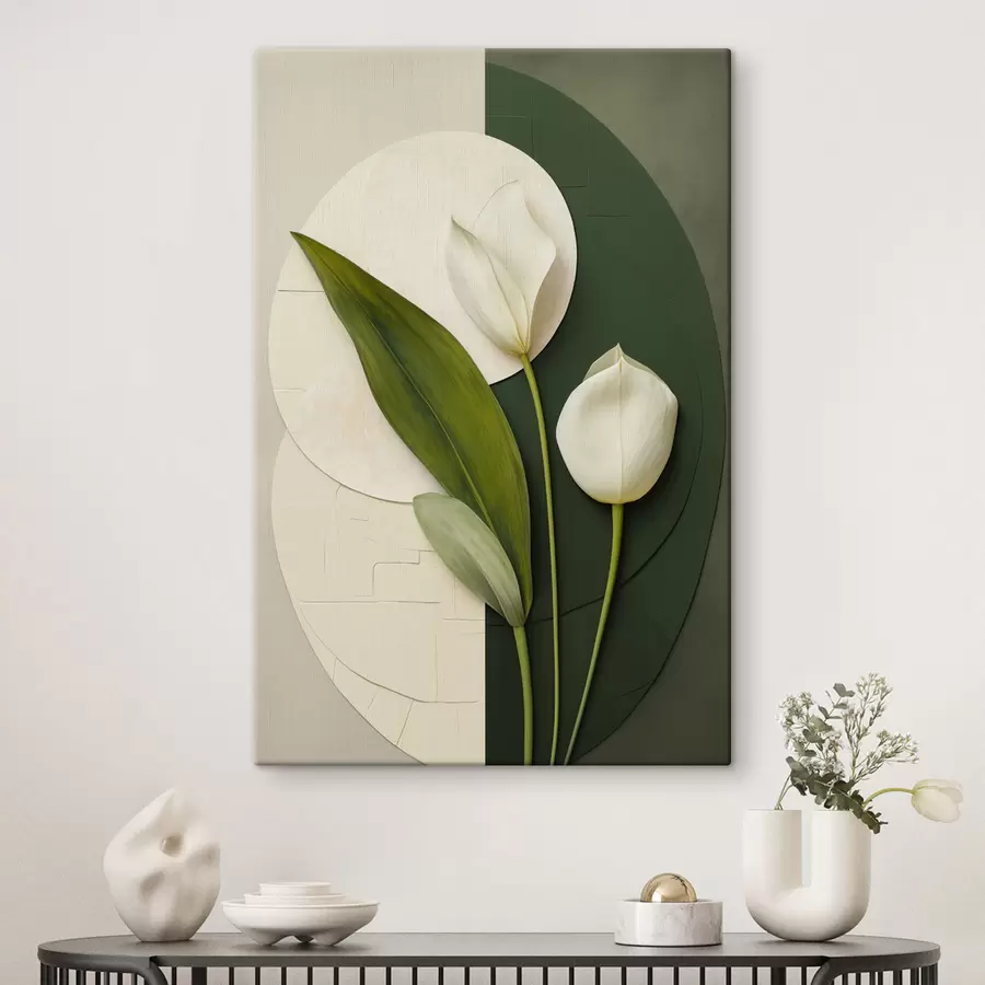 murales de pared Tulipanes blancos con hojas y tallos verdes, arte abstracto s49780