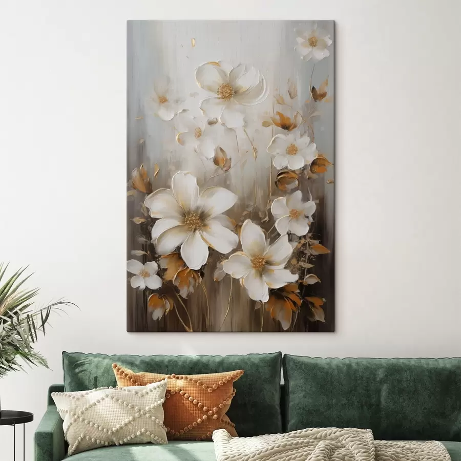 murales de pared Flores blancas con pétalos texturizados y toques amarillos, fondo abstracto s49781