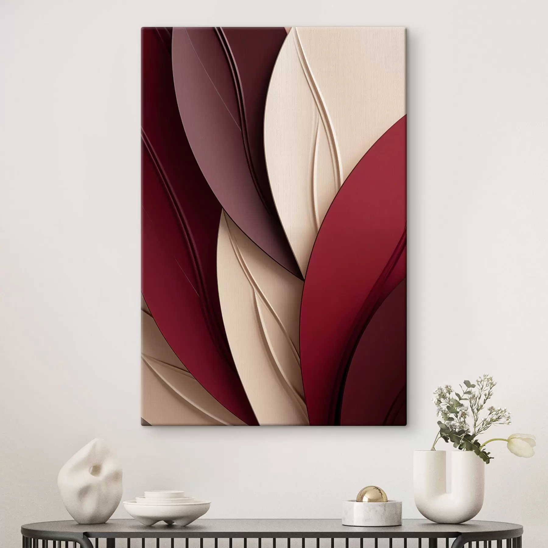 murales de pared Formas abstractas onduladas en tonos burdeos y crema, con texturas superpuestas s49788