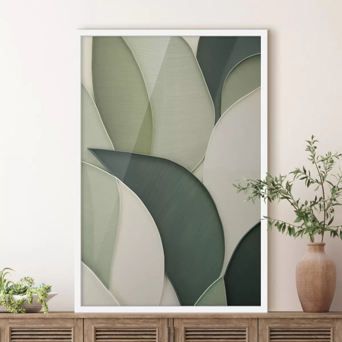 Poster Arte abstracto con formas orgánicas superpuestas en tonos verde y crema f49777