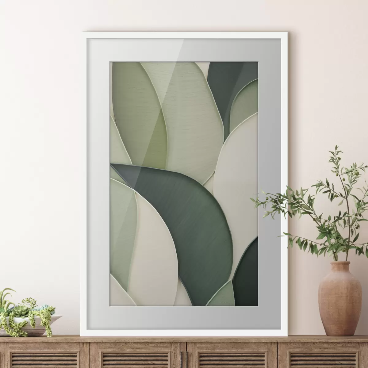 Poster Arte abstracto con formas orgánicas superpuestas en tonos verde y crema f49777
