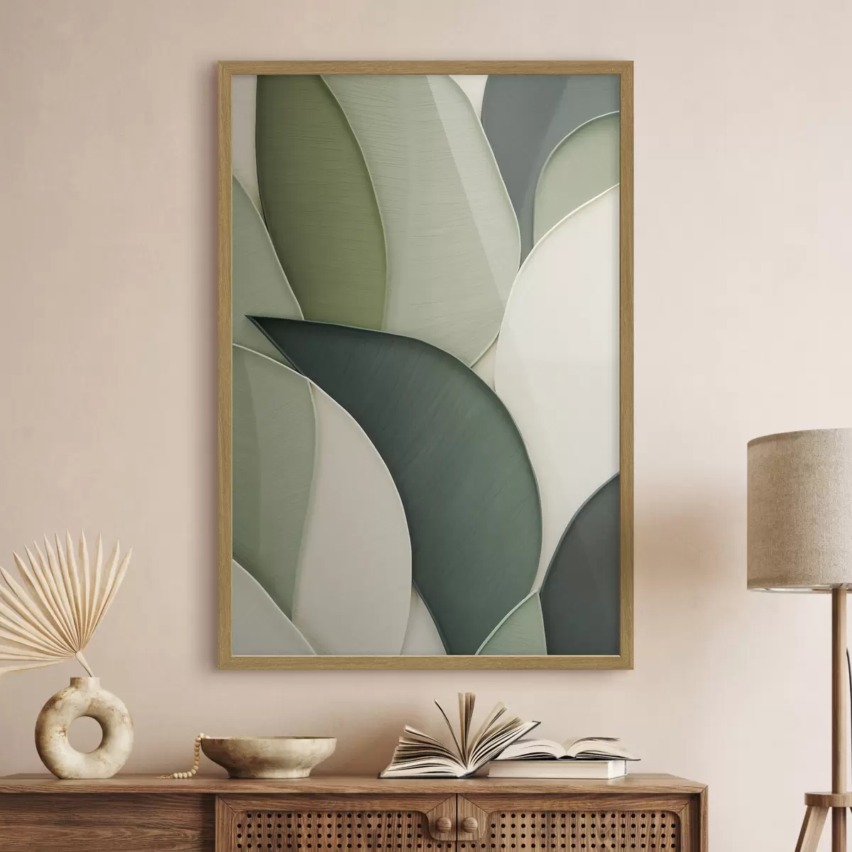 Poster Arte abstracto con formas orgánicas superpuestas en tonos verde y crema f49777