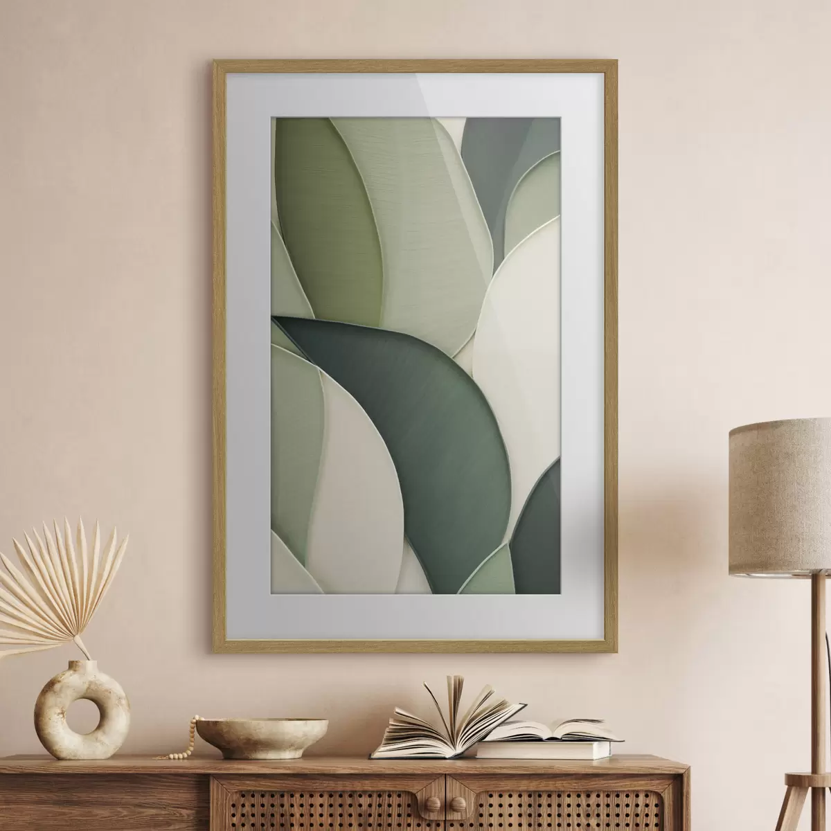 Poster Arte abstracto con formas orgánicas superpuestas en tonos verde y crema f49777