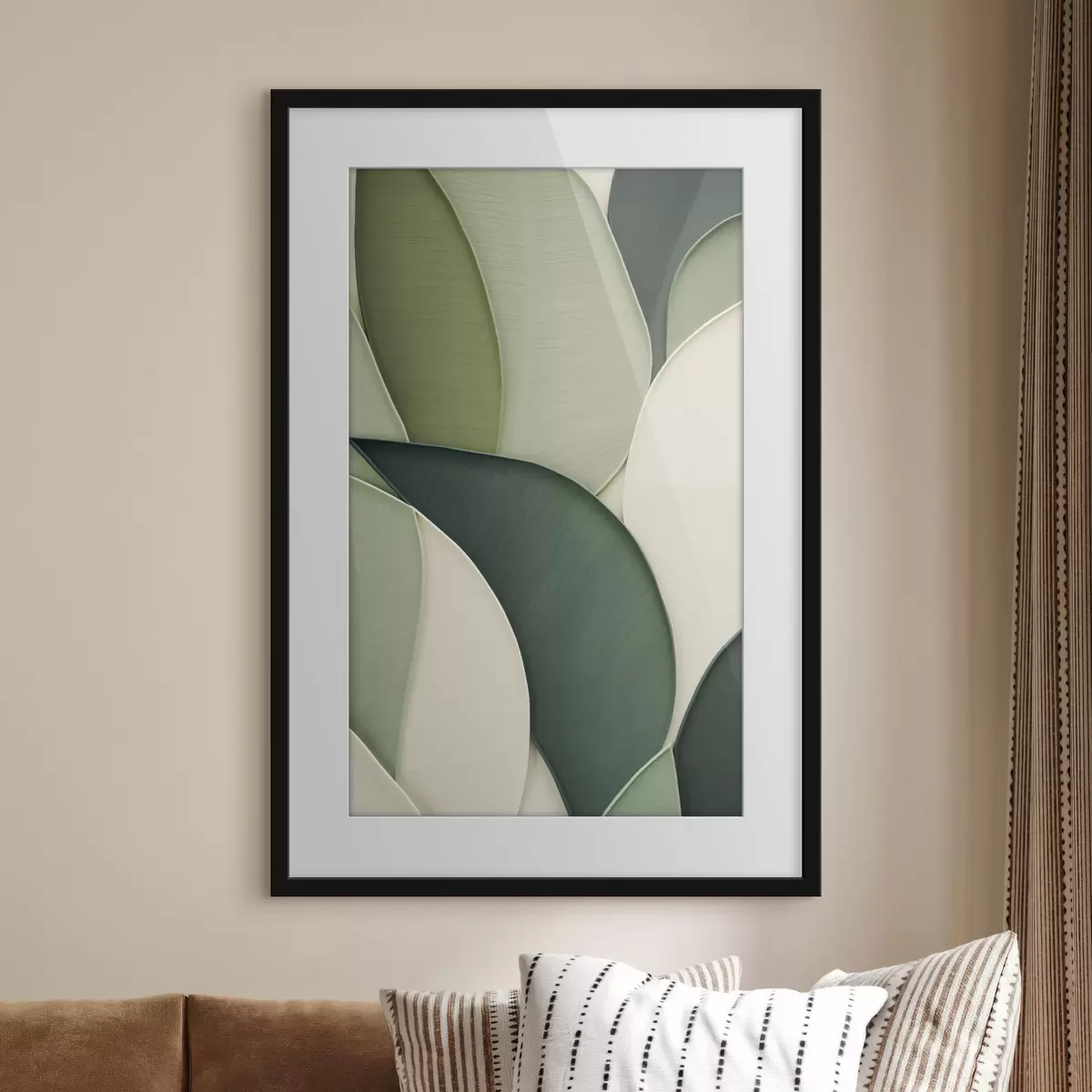 Poster Arte abstracto con formas orgánicas superpuestas en tonos verde y crema f49777