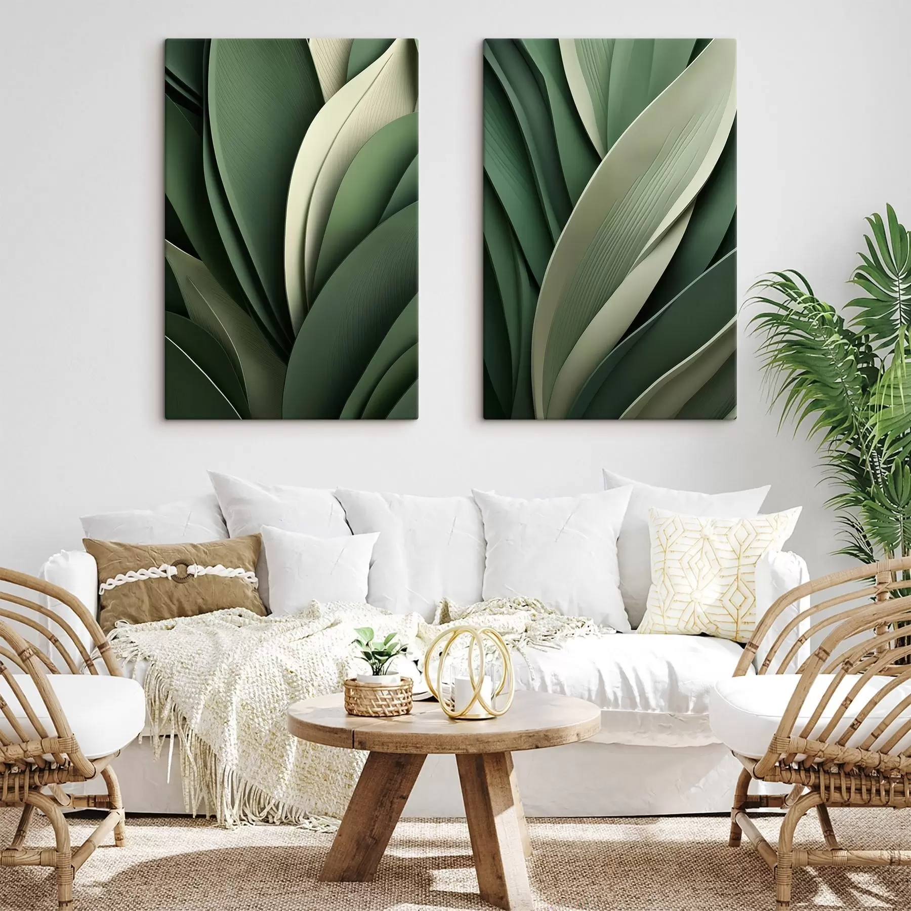 murales de pared Hojas verdes abstractas dispuestas en capas con sutiles toques en color crema m30678