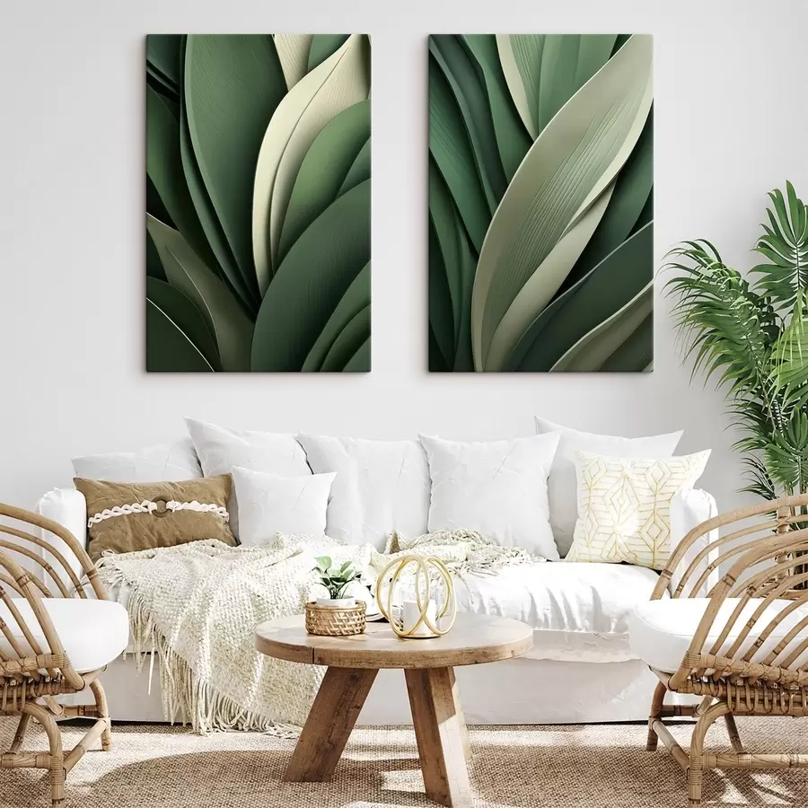 murales de pared Hojas verdes abstractas dispuestas en capas con sutiles toques en color crema m30678