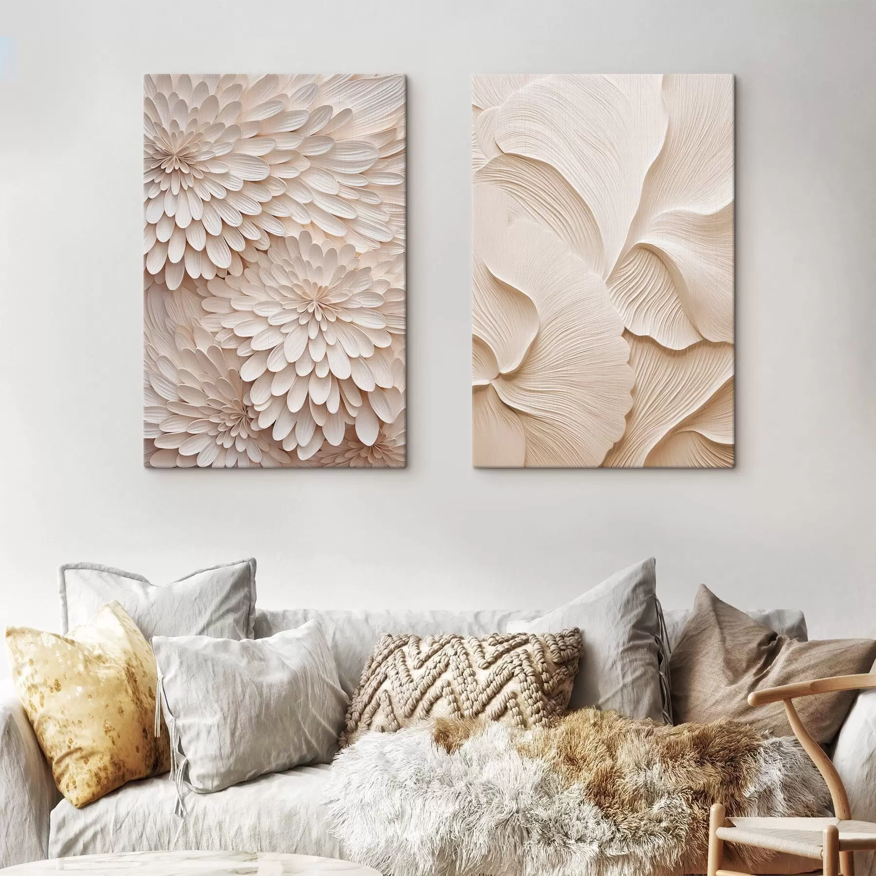 murales de pared Pétalos superpuestos de color crema que forman figuras florales abstractas; obra de arte con textura m30680