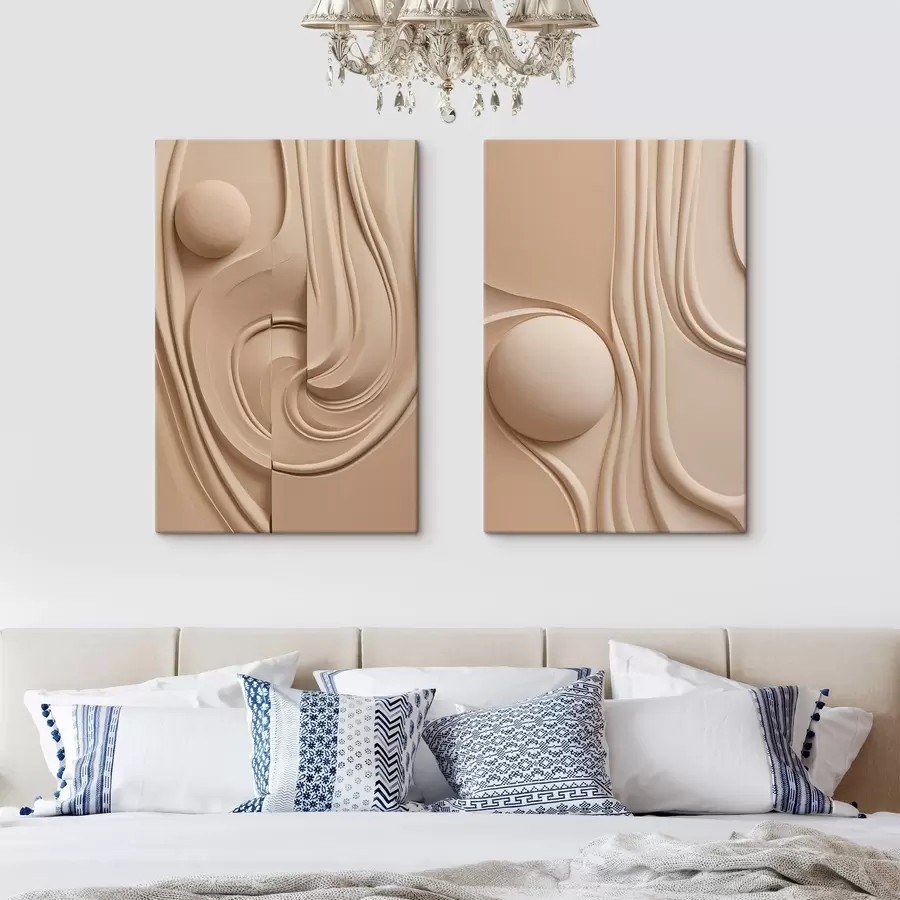 murales de pared Una obra de arte abstracta de color beige, con textura, líneas fluidas y una esfera m30683