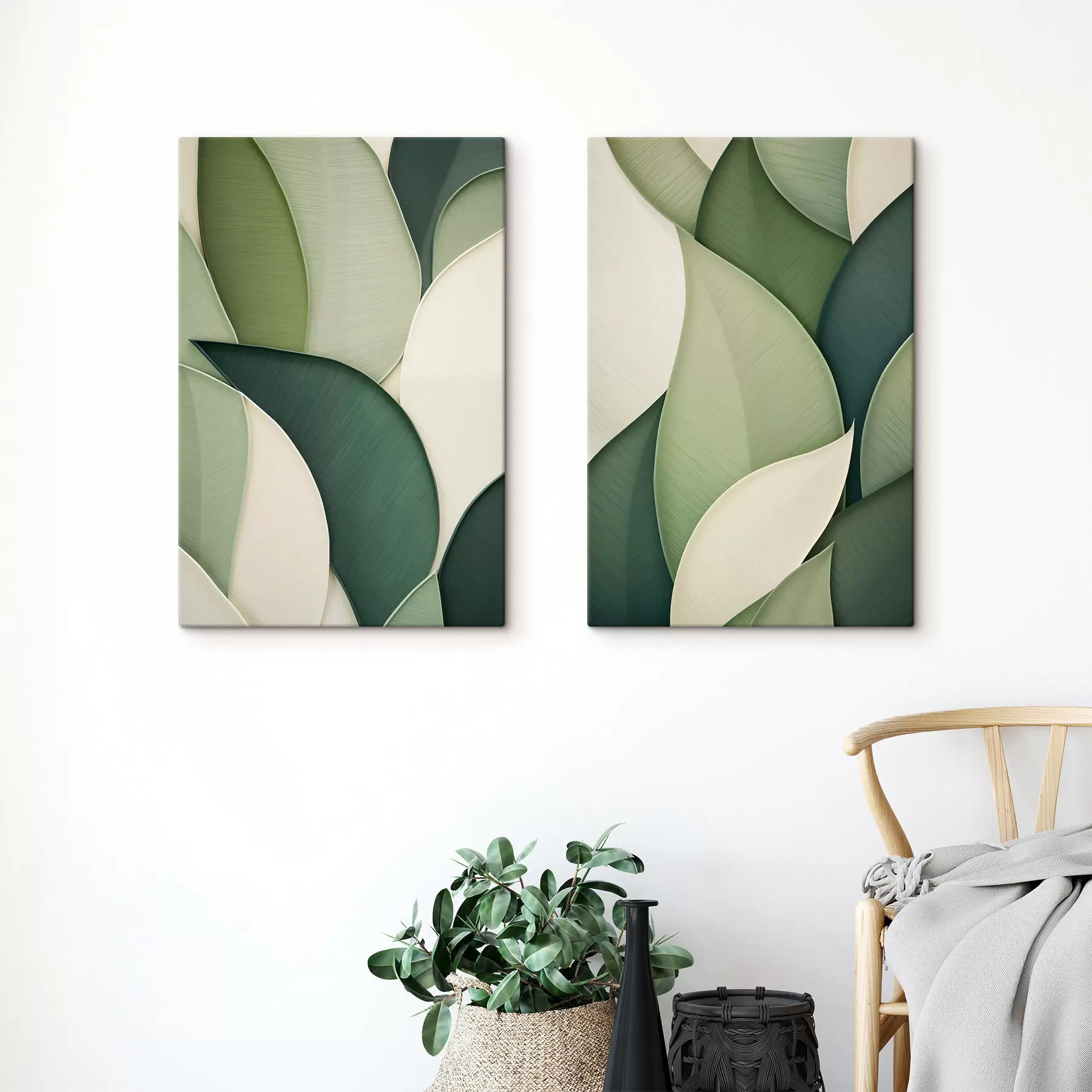 murales de pared Arte abstracto con formas orgánicas superpuestas en tonos verde y crema m30684
