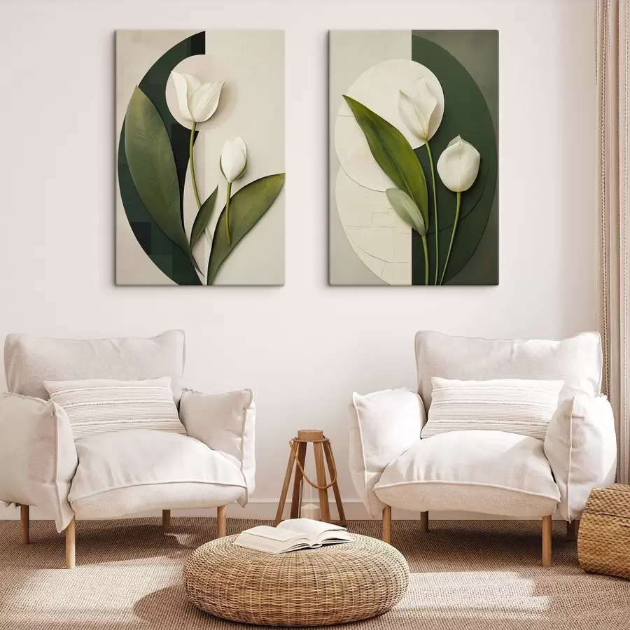 murales de pared Tulipanes blancos con hojas y tallos verdes, arte abstracto m30685