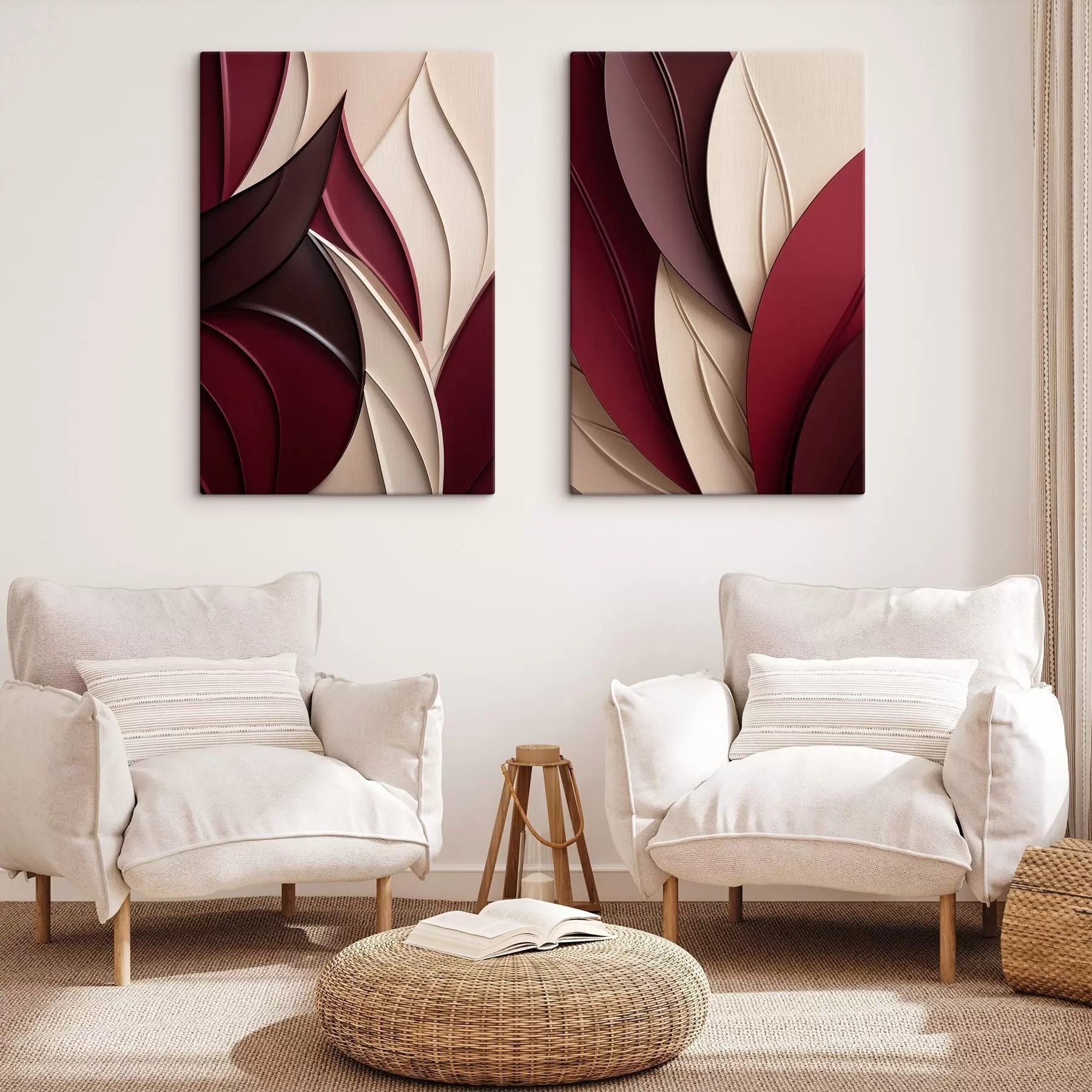 murales de pared Formas abstractas onduladas en tonos burdeos y crema, con texturas superpuestas m30689