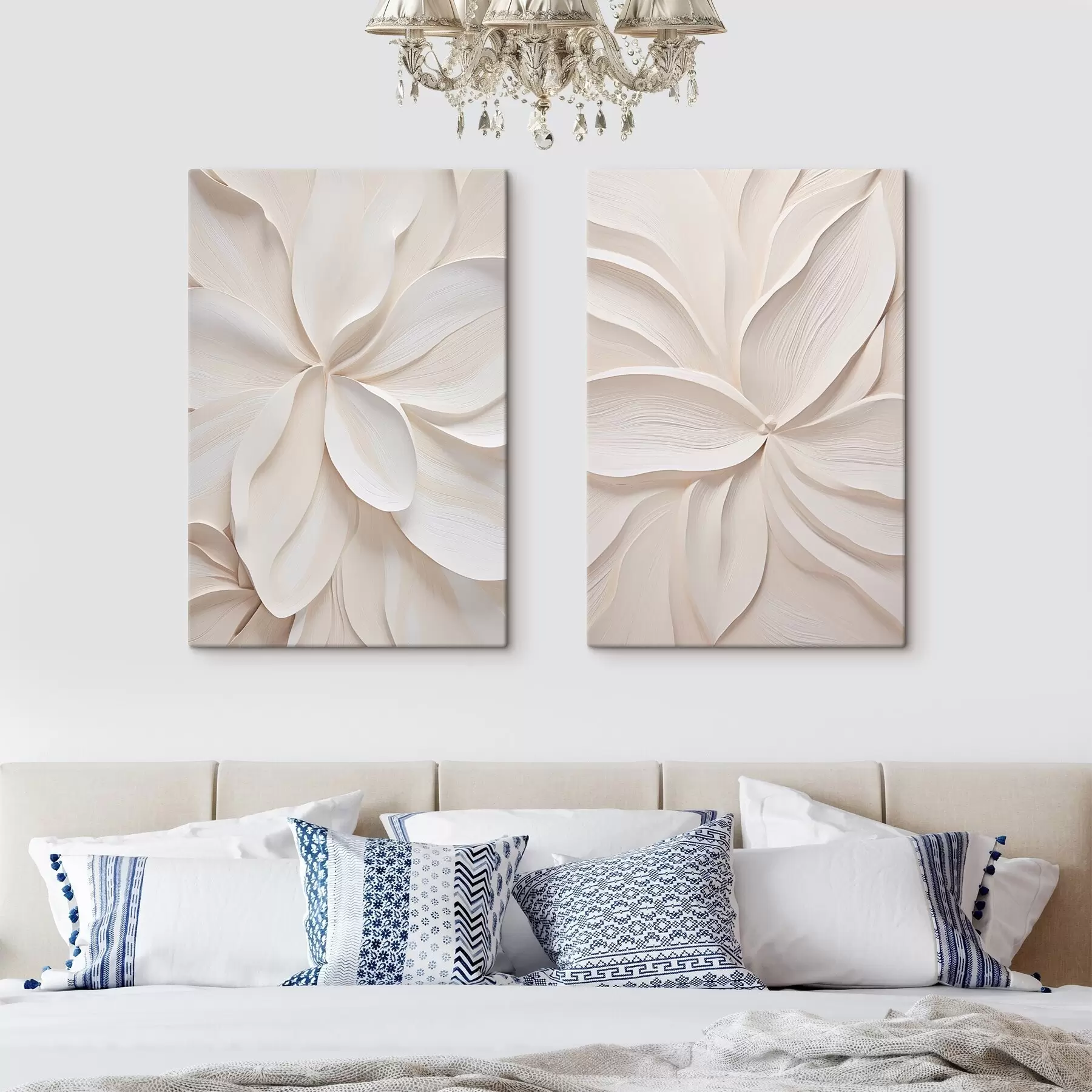 murales de pared Flor grande y abstracta, de color blanco cremoso, con pétalos delicados y superpuestos m30691