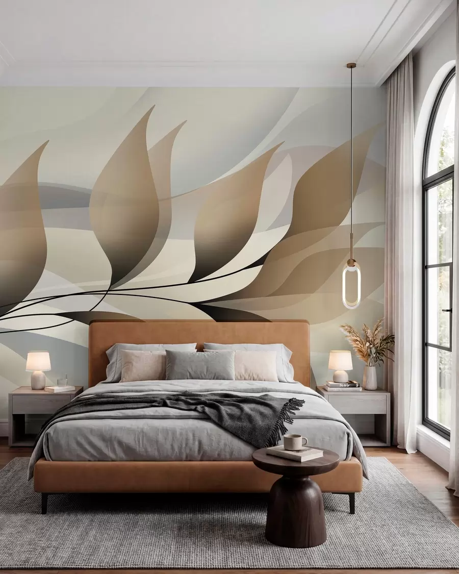 murales de pared una elegante rama con hojas de color beige  w05660
