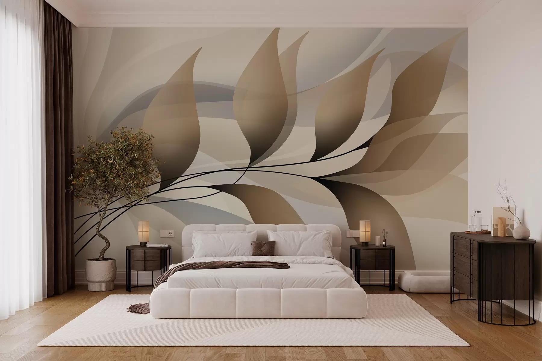 murales de pared una elegante rama con hojas de color beige  w05660