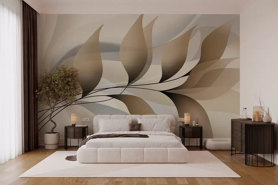 murales de pared una elegante rama con hojas de color beige  w05660