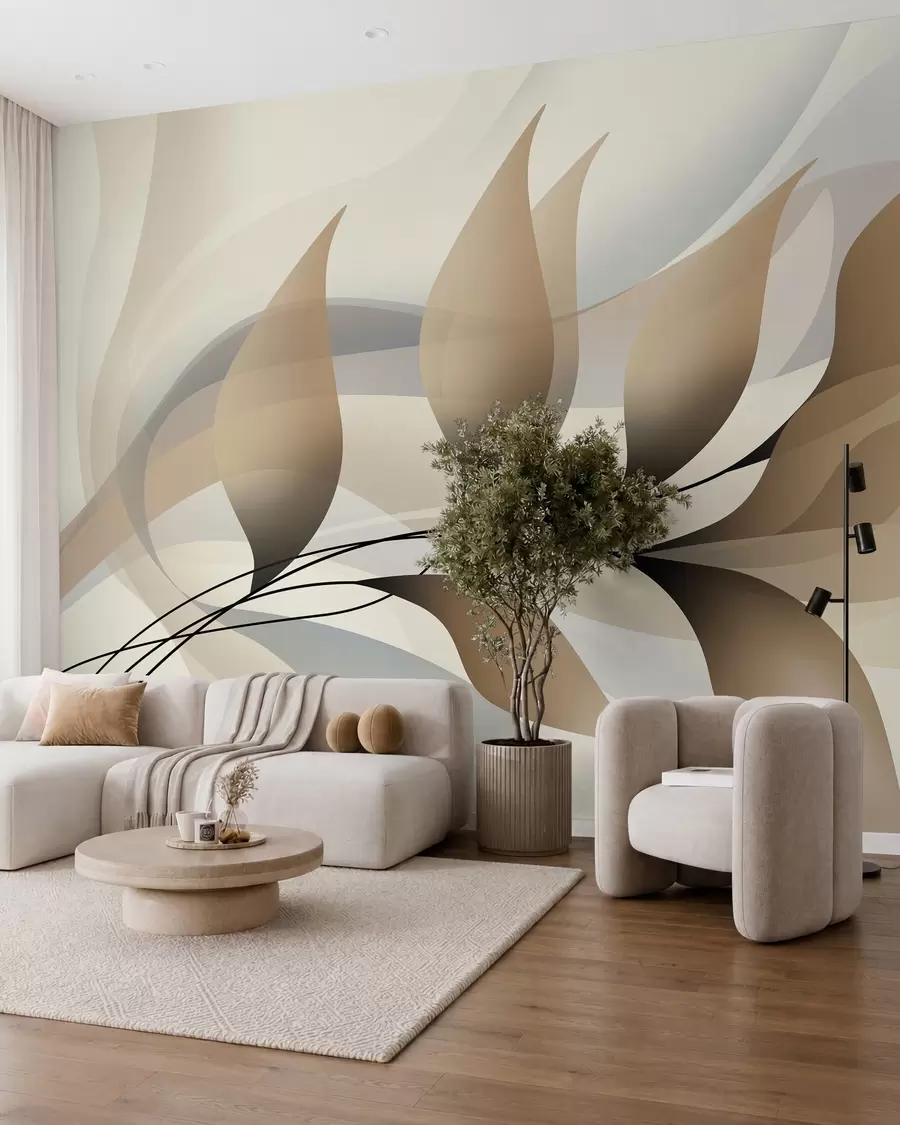 murales de pared una elegante rama con hojas de color beige  w05660