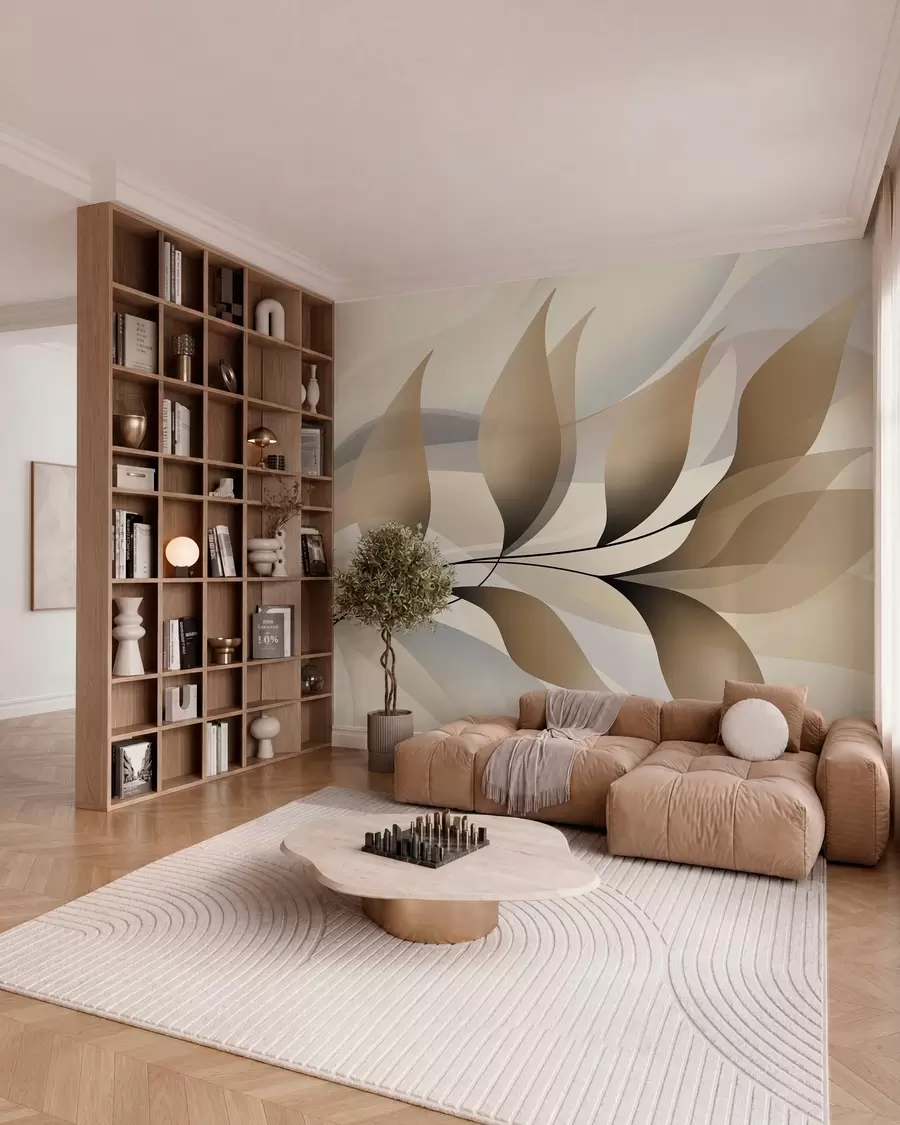murales de pared una elegante rama con hojas de color beige  w05660