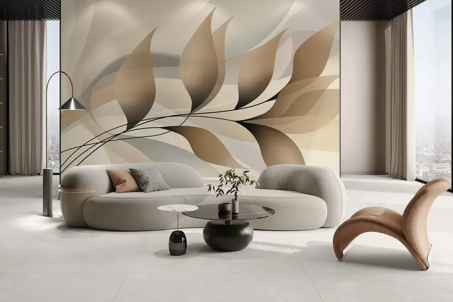 murales de pared una elegante rama con hojas de color beige  w05660
