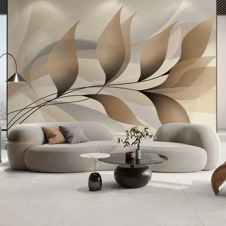 murales de pared una elegante rama con hojas de color beige  w05660