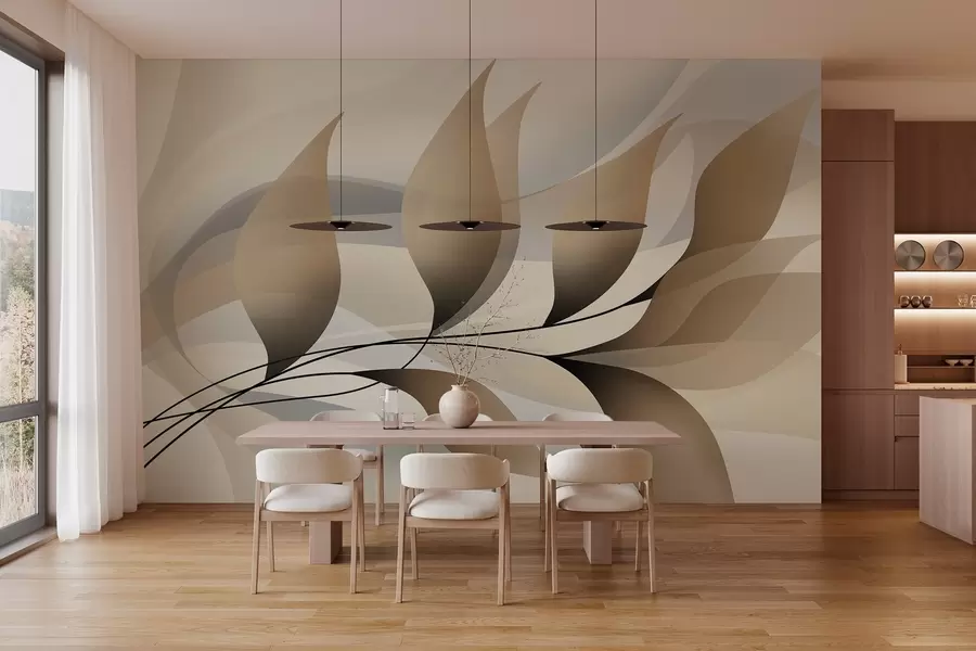 murales de pared una elegante rama con hojas de color beige  w05660