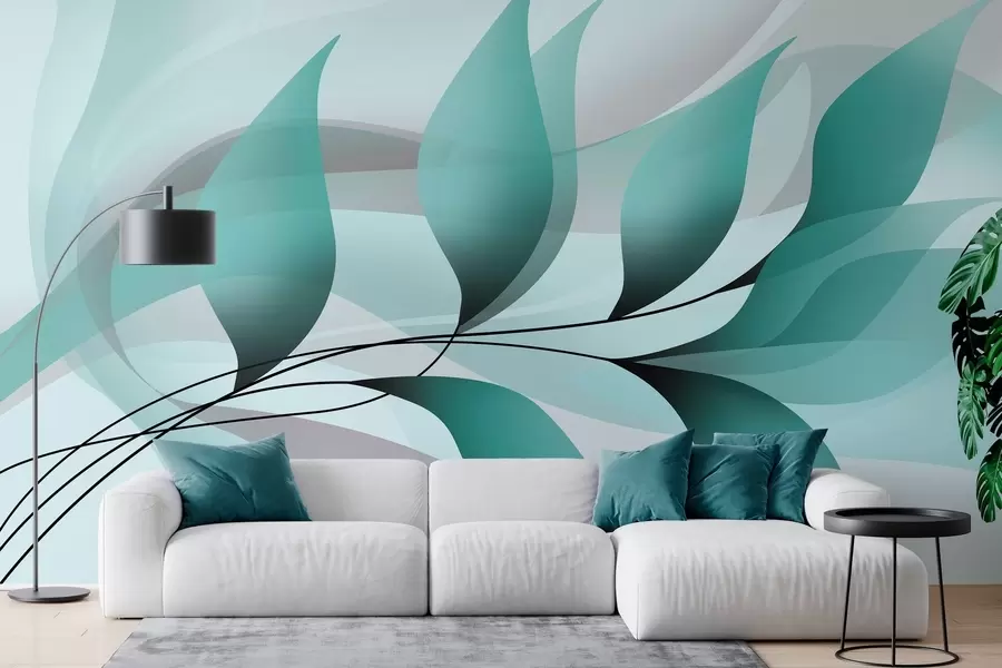 murales de pared una elegante rama con hojas de color turquesa  w05660v1