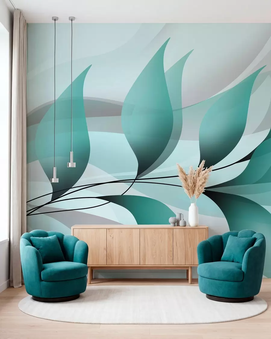murales de pared una elegante rama con hojas de color turquesa  w05660v1