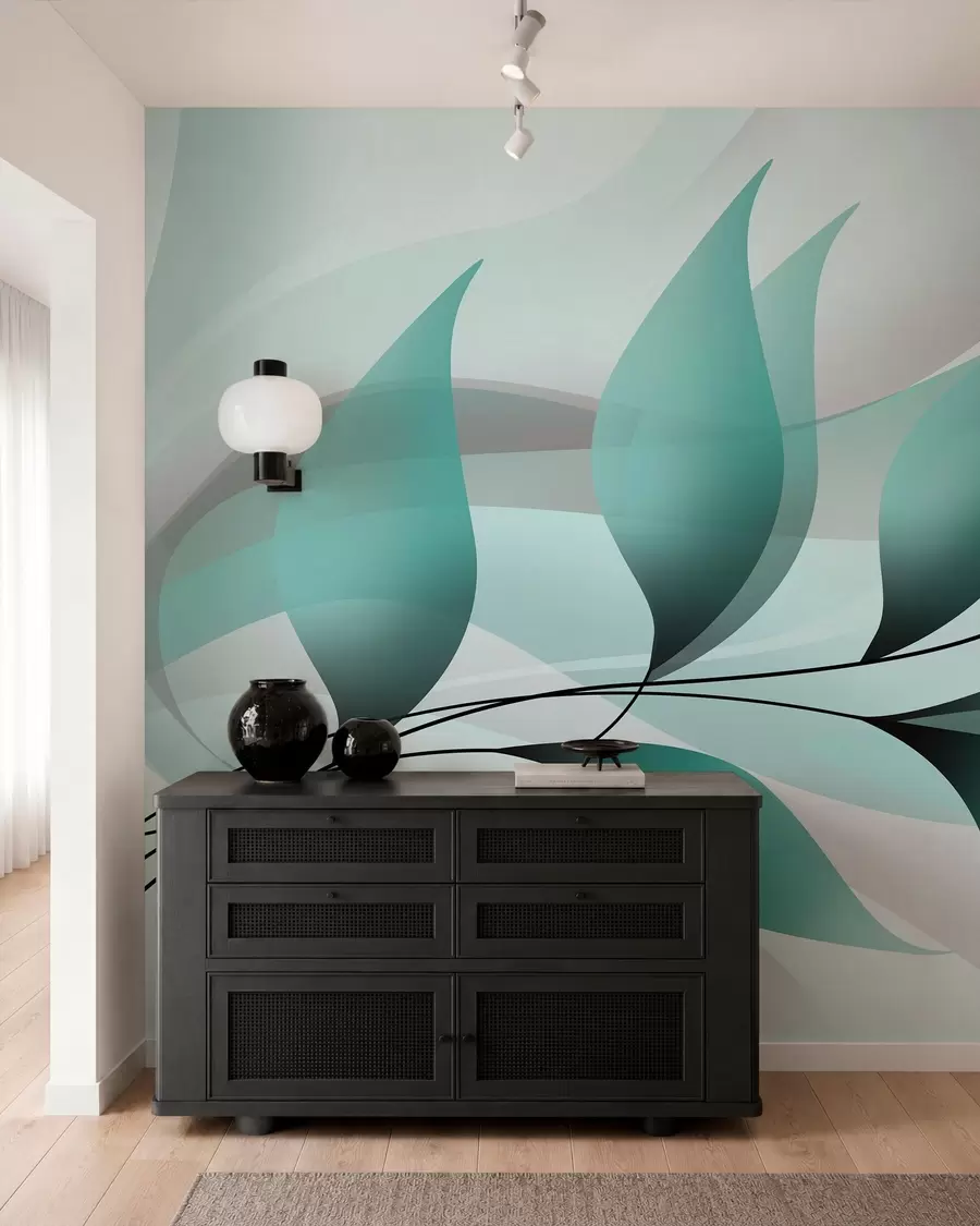 murales de pared una elegante rama con hojas de color turquesa  w05660v1