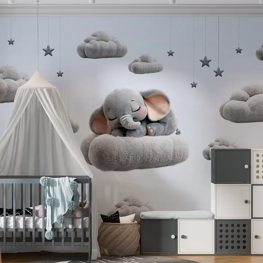 murales de pared un elefantito muy mono, en estilo 3D, durmiendo entre nubes mullidas w05754