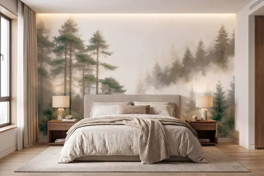 murales de pared Bosque de pinos por la mañana, al estilo de la acuarela w09916