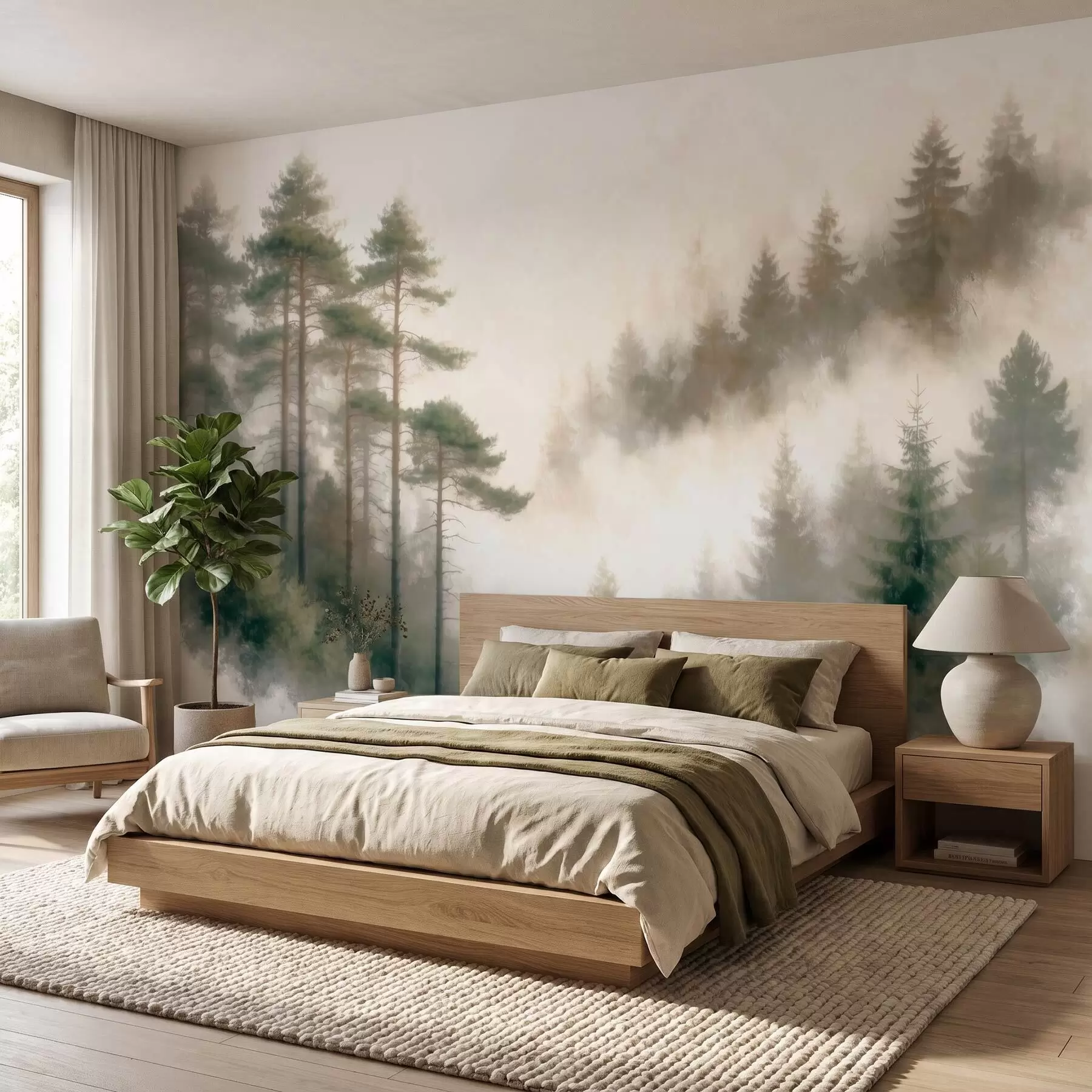 murales de pared Bosque de pinos por la mañana, al estilo de la acuarela w09916