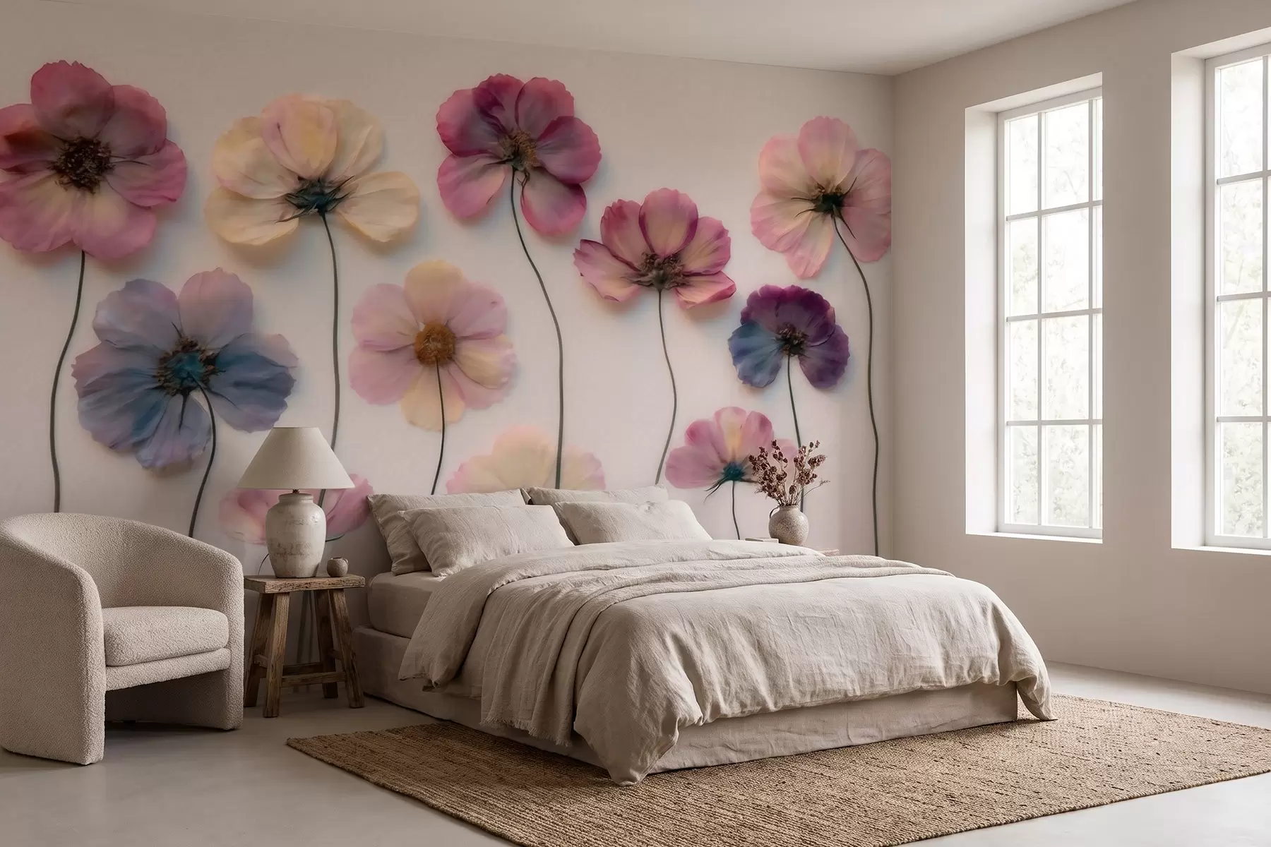 murales de pared Composición de herbario con efecto de flores prensadas y textura en 3D w09911