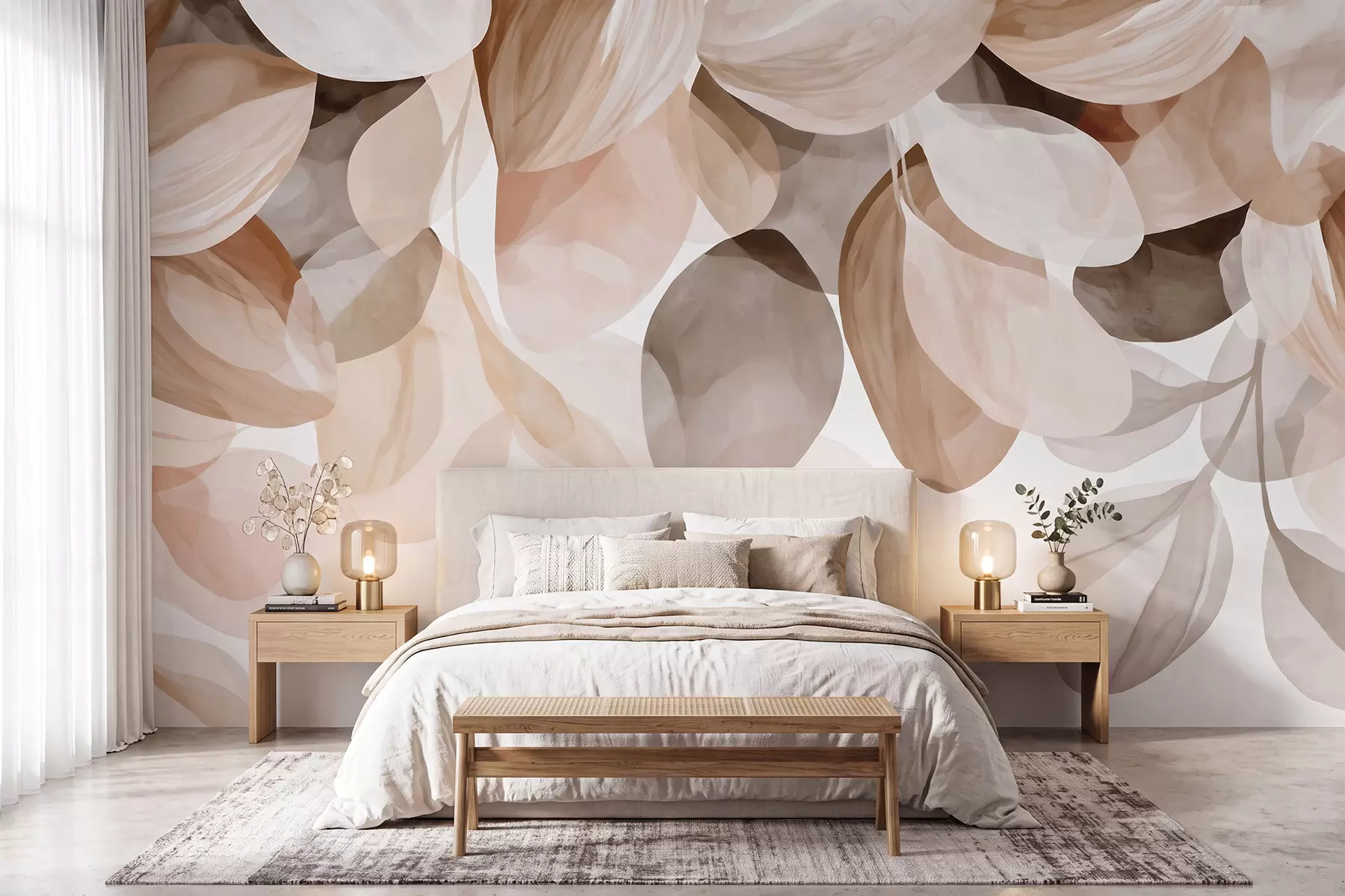murales de pared Hojas colgantes de color beige en estilo acuarela w09923