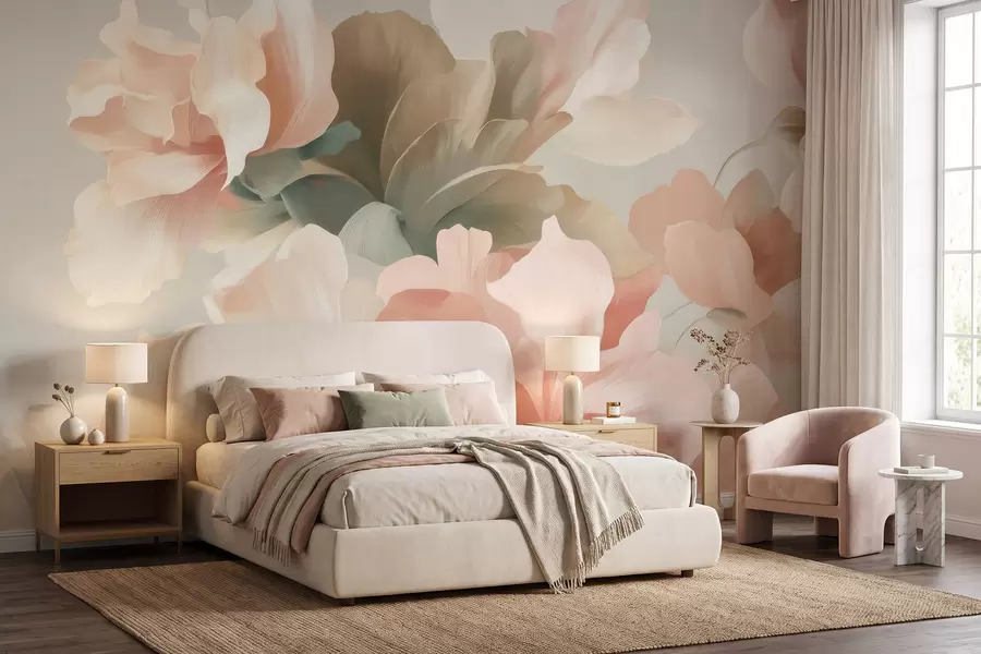 murales de pared Grandes flores artísticas en suaves tonos pastel de color crema, rosa y verde w09935