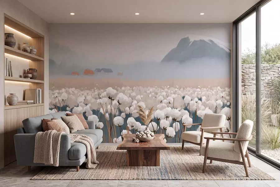murales de pared Campo de algodón en un paisaje brumoso del norte, estilo pictórico w09934
