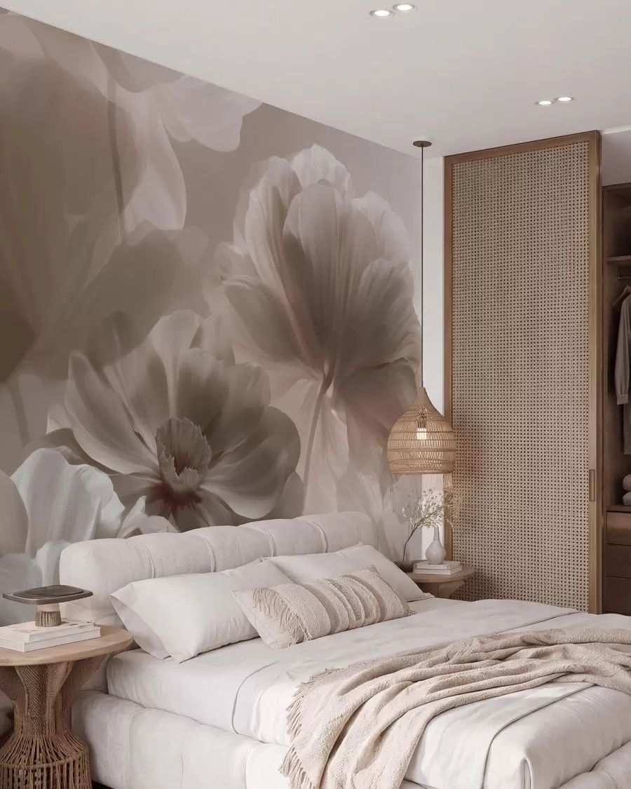 murales de pared Pétalos de magnolia en color crema, estilo abstracto w09937
