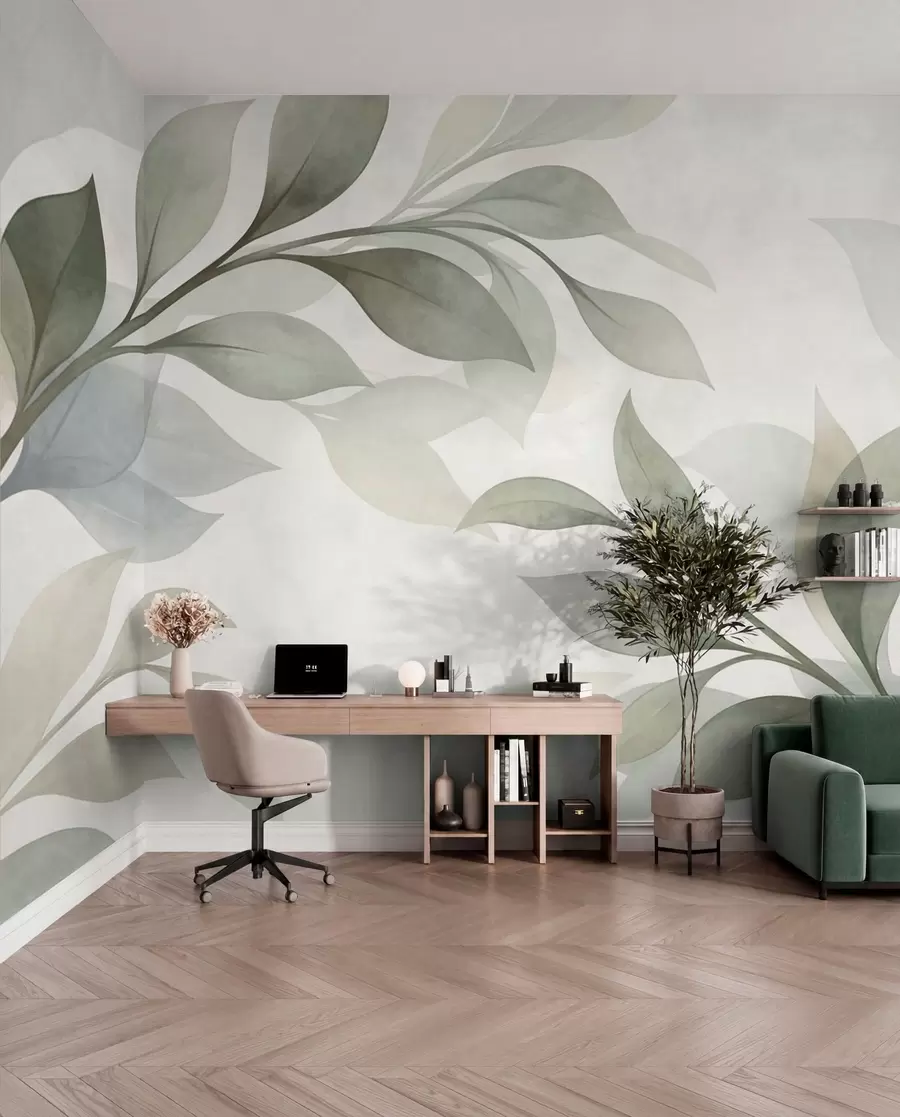 murales de pared Hojas grandes en suaves tonos verdes y azules w05693