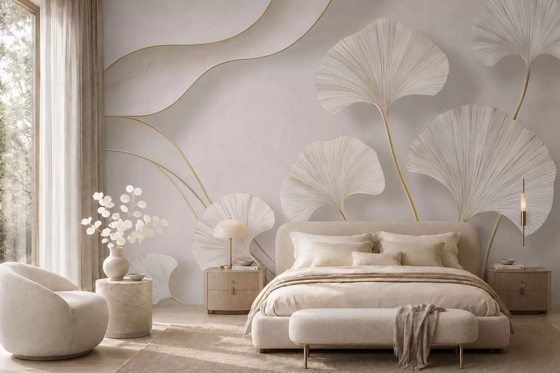 murales de pared Hojas de ginkgo de color claro y gran volumen, con líneas fluidas sobre un fondo de mármol w05734