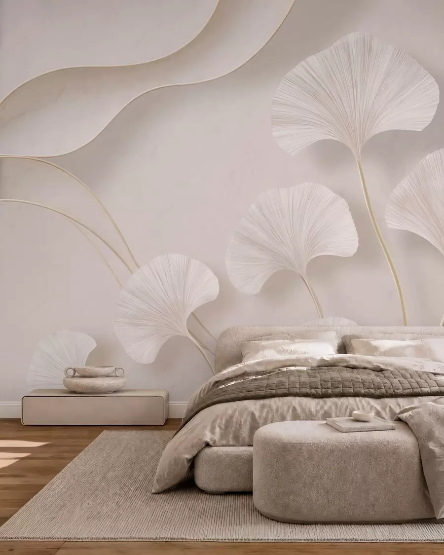 murales de pared Hojas de ginkgo de color claro sobre un fondo de mármol suave w05734v1