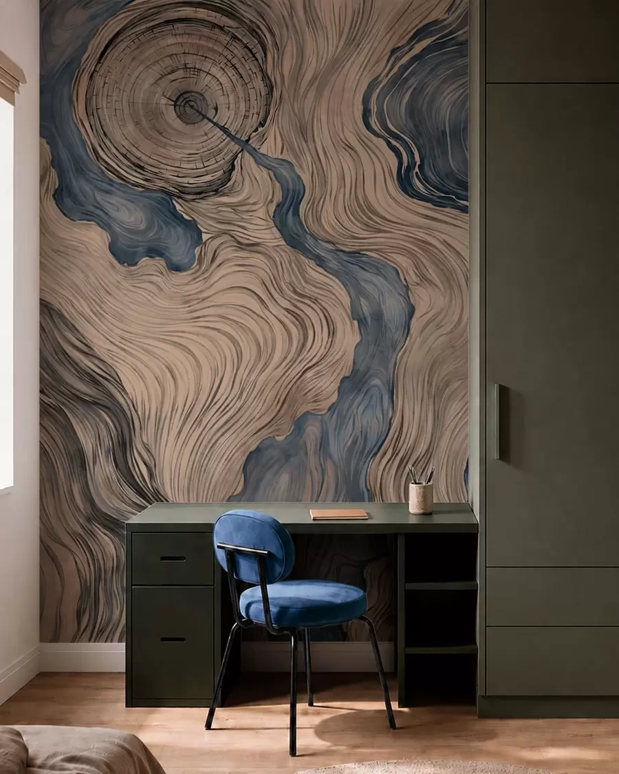 murales de pared Un estampado abstracto con un diseño lineal que imita la veta de la madera en tonos azules w05729v1