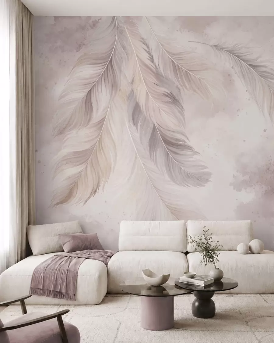 murales de pared Delicadas plumas sobre un fondo de acuarela en tonos pastel w05737