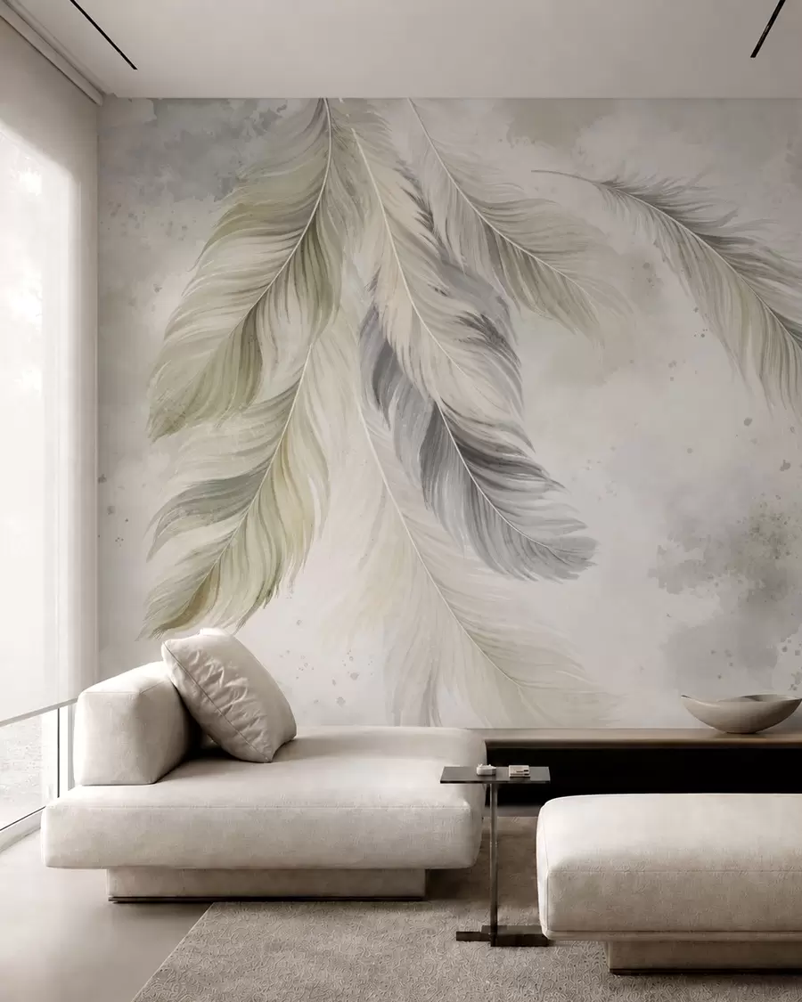 murales de pared Plumas de colores claros sobre un fondo suave de acuarela w05737v1