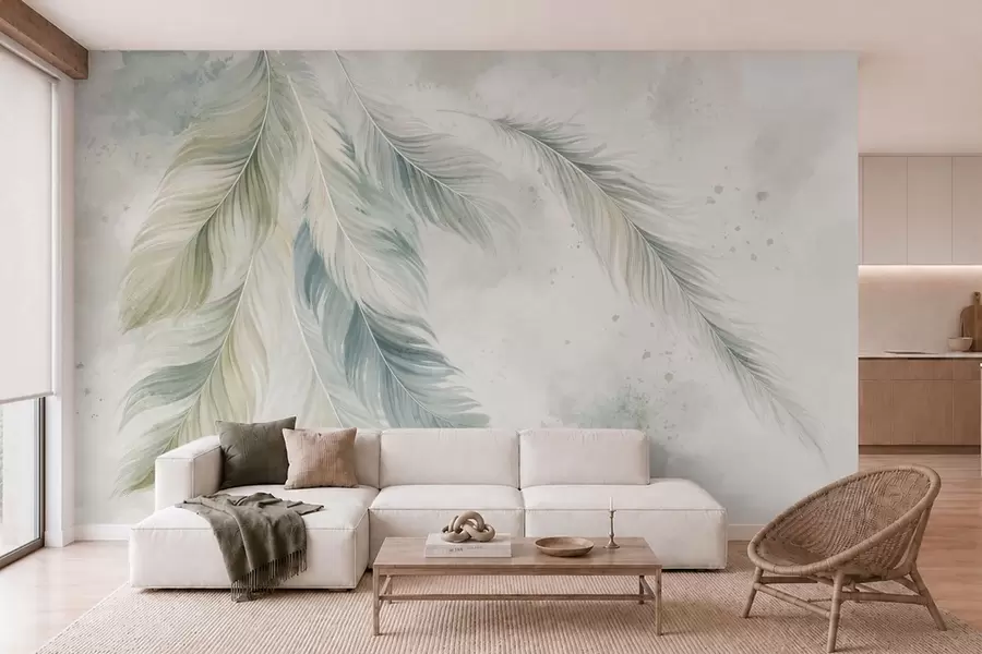 murales de pared Plumas de colores claros sobre un delicado fondo de acuarela w05737v2