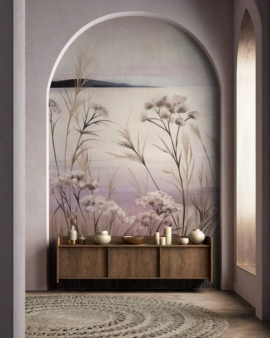 murales de pared Paisaje con flores secas y hierba alta cerca del río, y un cielo suave en tonos pastel w09939